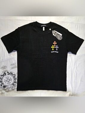 Chrome Hearts Black Short-Sleeve Tee with Orange, Yellow & Purple Crosses
